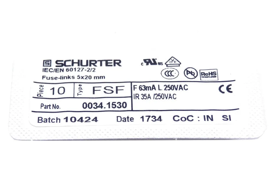 10 Pack of Schurter FSF 5mm x 20mm 250VAC Cartridge Fuses 0034.1530