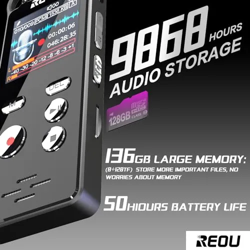 136GB Digital Voice Recorder with Playback for Lectures Meetings - REOU 9868 Hours Sound Audio Recorder Dictaphone Recording Device with Microphone, Voice Activated, Level Control, USB-C,Password