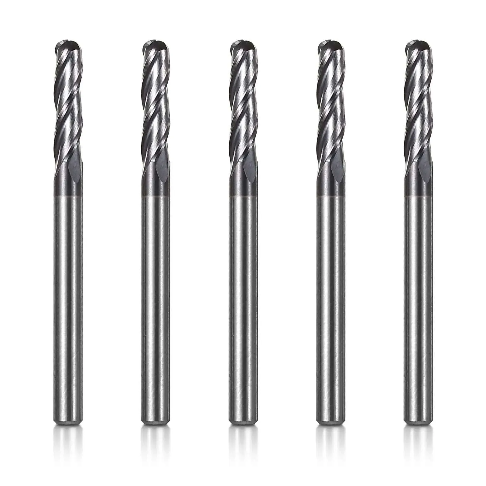 3BNB05, 1/8" Shank, 3-Flute ball Nose, 1-1/2”Overall Length, End Mills CNC Router Bits, General Purpose, Stainless Steel Metal TiAlN Coating,  For Aluminum, Metal, Plastic, MDF & Wood, 5pcs