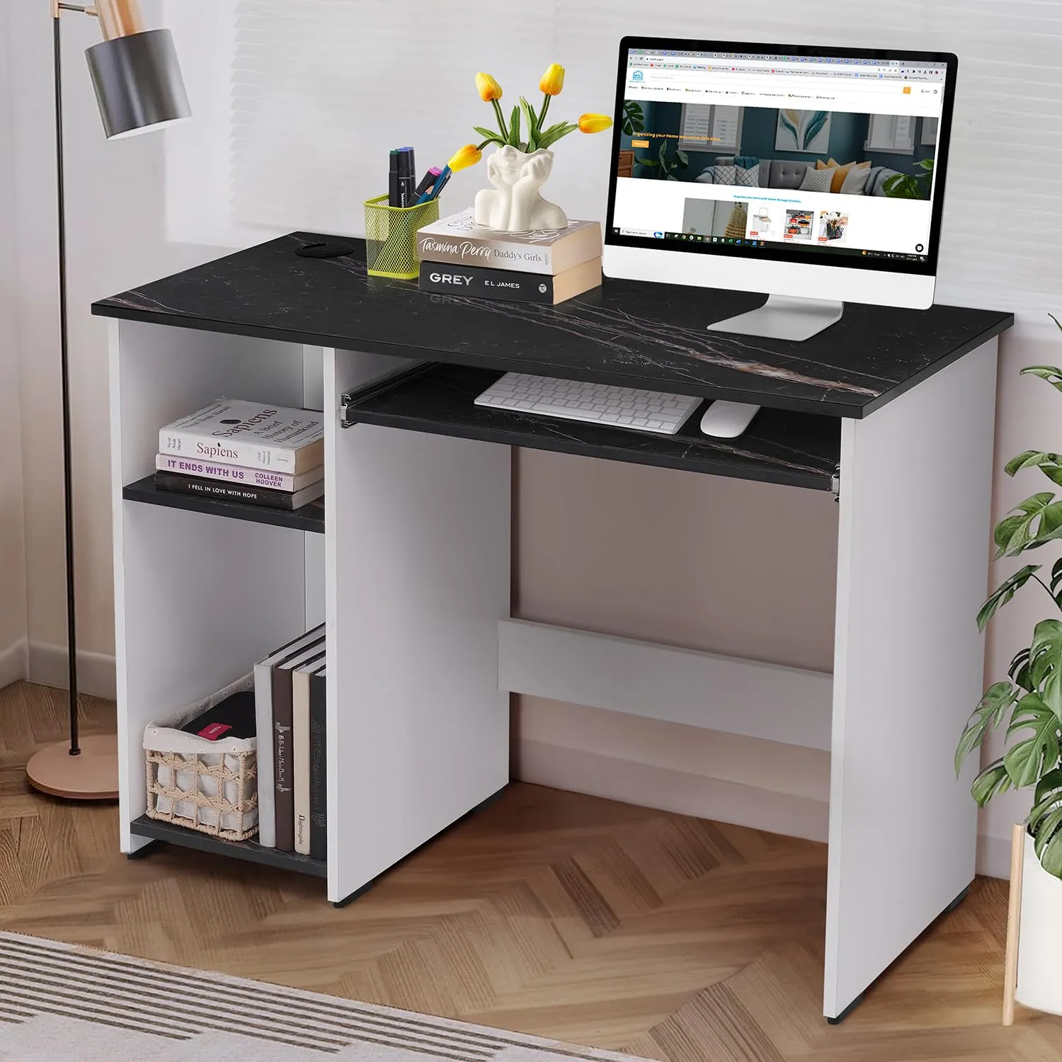 ABOUT SPACE Computer Table for Home - Study Table for Students, Adults Work Table for Home Office with Keyboard Tray,Adjustable Storage Space & Wire Holes (Black Marble&White - L 103 x B 43 x H 75 cm)