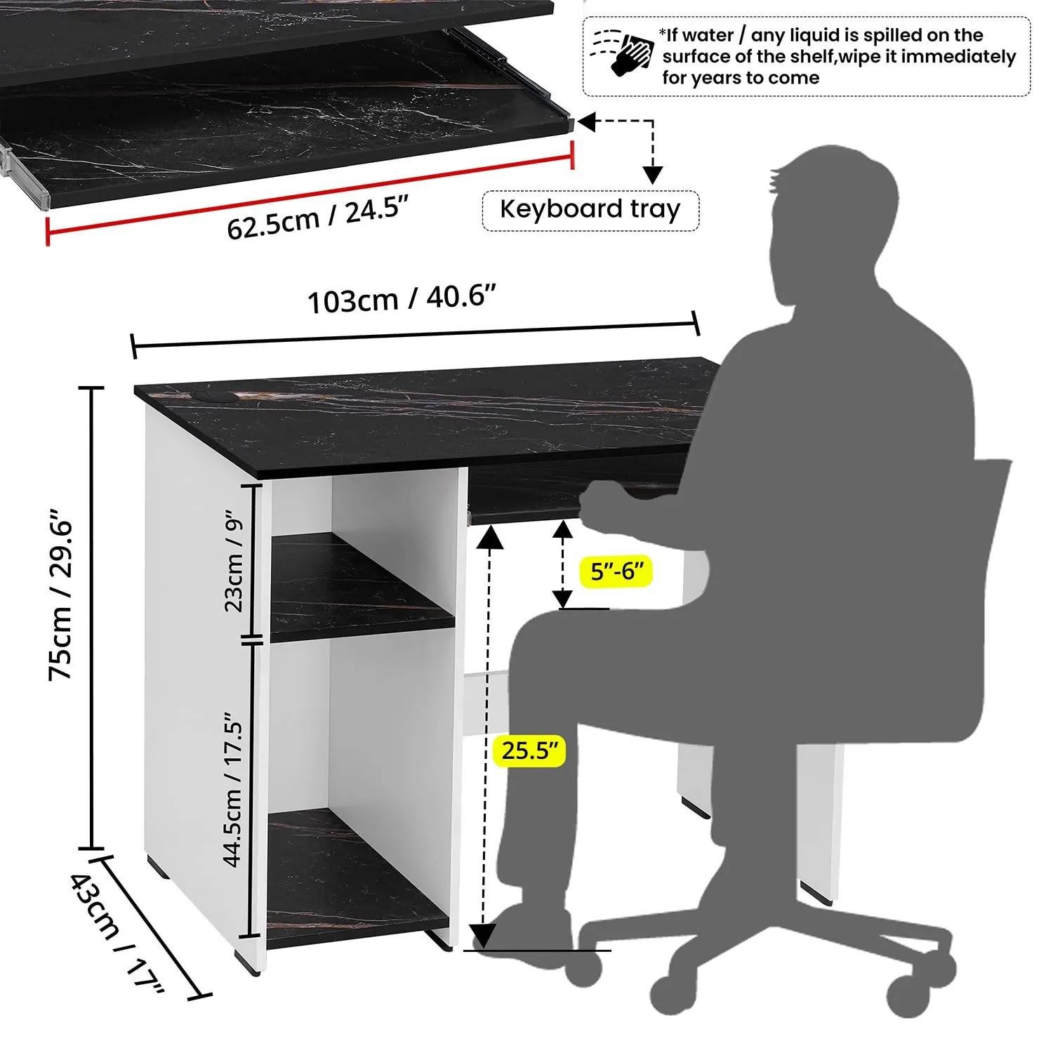 ABOUT SPACE Computer Table for Home - Study Table for Students, Adults Work Table for Home Office with Keyboard Tray,Adjustable Storage Space & Wire Holes (Black Marble&White - L 103 x B 43 x H 75 cm)