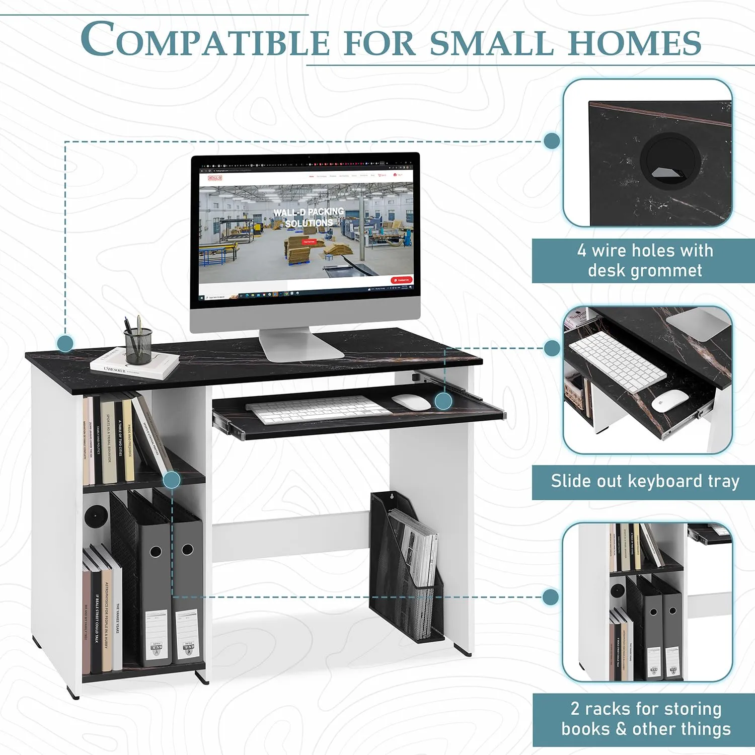 ABOUT SPACE Computer Table for Home - Study Table for Students, Adults Work Table for Home Office with Keyboard Tray,Adjustable Storage Space & Wire Holes (Black Marble&White - L 103 x B 43 x H 75 cm)