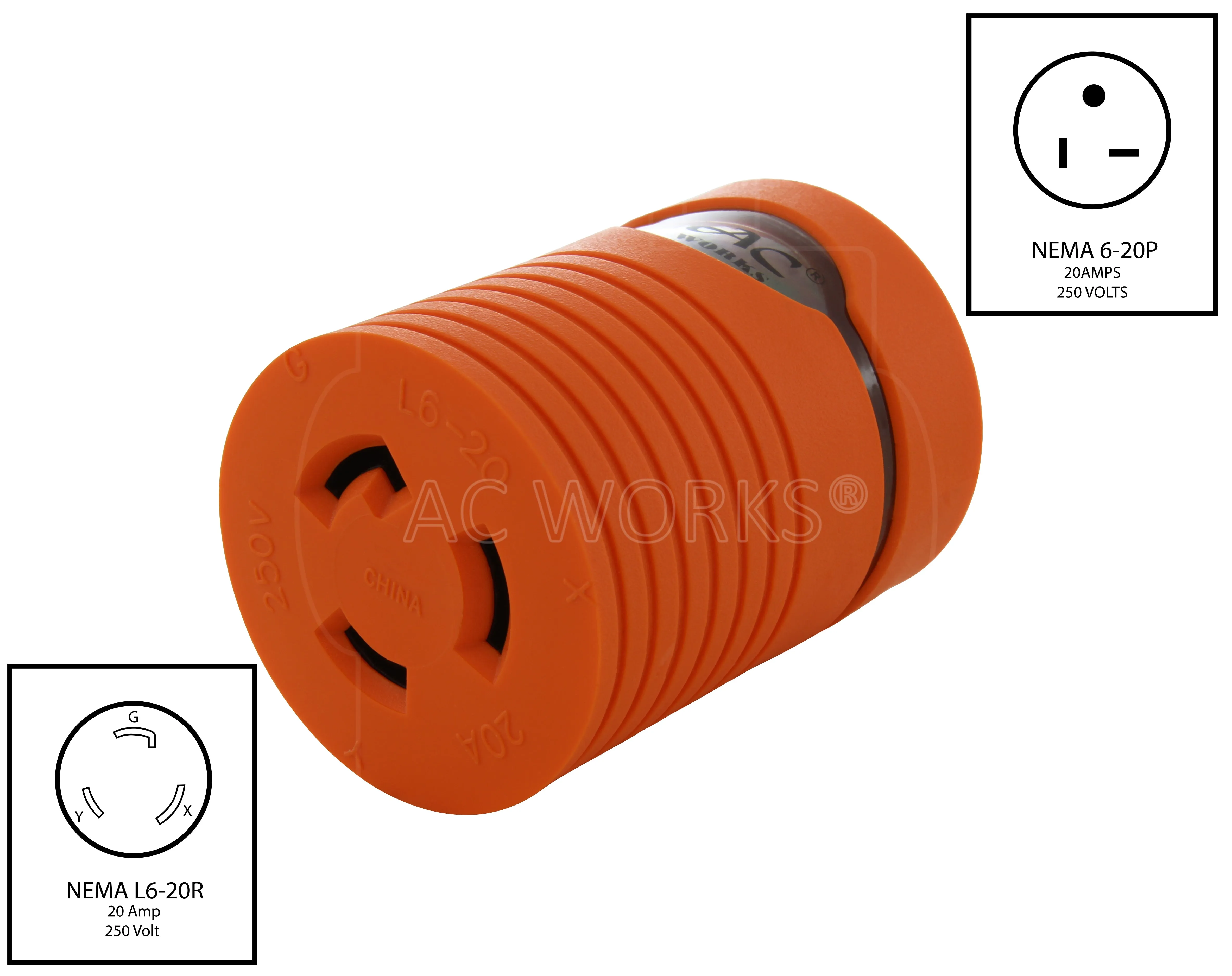 AC WORKS® [AD620L620] Adapter NEMA 6-20P 20A 250V Plug to NEMA L6-20R 20A 250V Locking Connector