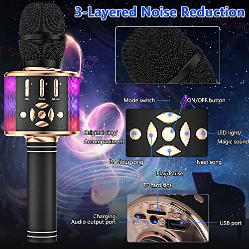 Amazmic Kids Karaoke Microphone Machine Toy Bluetooth Microphone Portable Wireless Karaoke Machine Handheld with LED Lights, Gift for Children Adults Birthday Party, Home KTV(Black Gold)