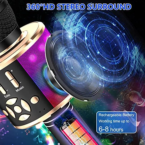 Amazmic Kids Karaoke Microphone Machine Toy Bluetooth Microphone Portable Wireless Karaoke Machine Handheld with LED Lights, Gift for Children Adults Birthday Party, Home KTV(Black Gold)