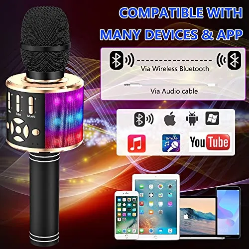 Amazmic Kids Karaoke Microphone Machine Toy Bluetooth Microphone Portable Wireless Karaoke Machine Handheld with LED Lights, Gift for Children Adults Birthday Party, Home KTV(Black Gold)