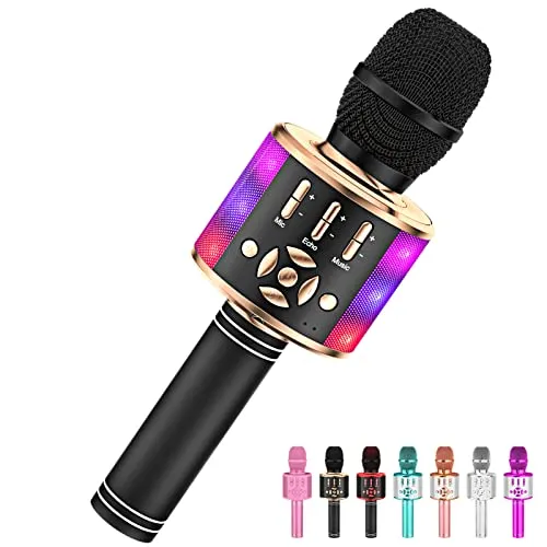 Amazmic Kids Karaoke Microphone Machine Toy Bluetooth Microphone Portable Wireless Karaoke Machine Handheld with LED Lights, Gift for Children Adults Birthday Party, Home KTV(Black Gold)