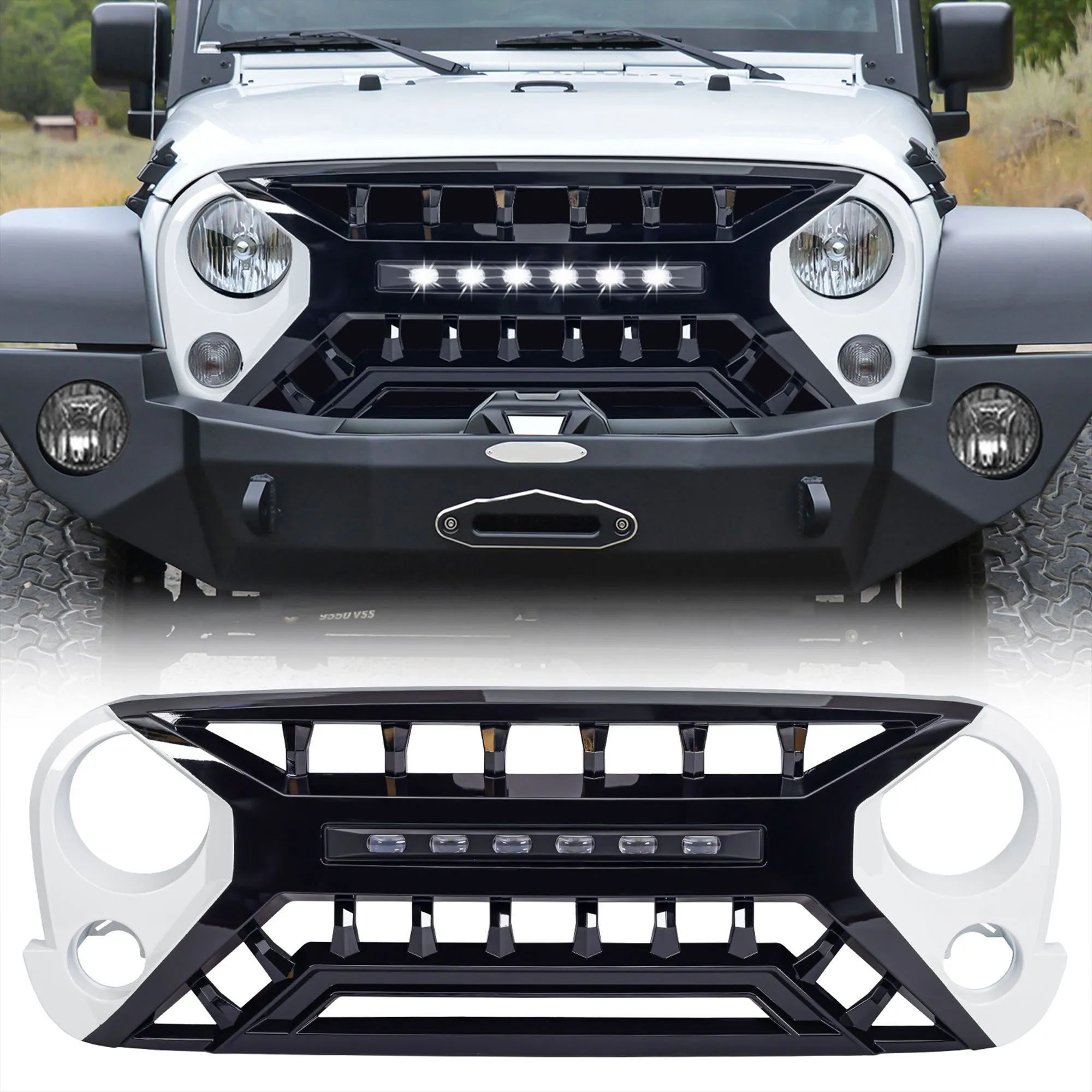 AMERICAN MODIFIED Armor Grille w/Off-Road Lights, 07-18 Jeep Wrangler JK, White