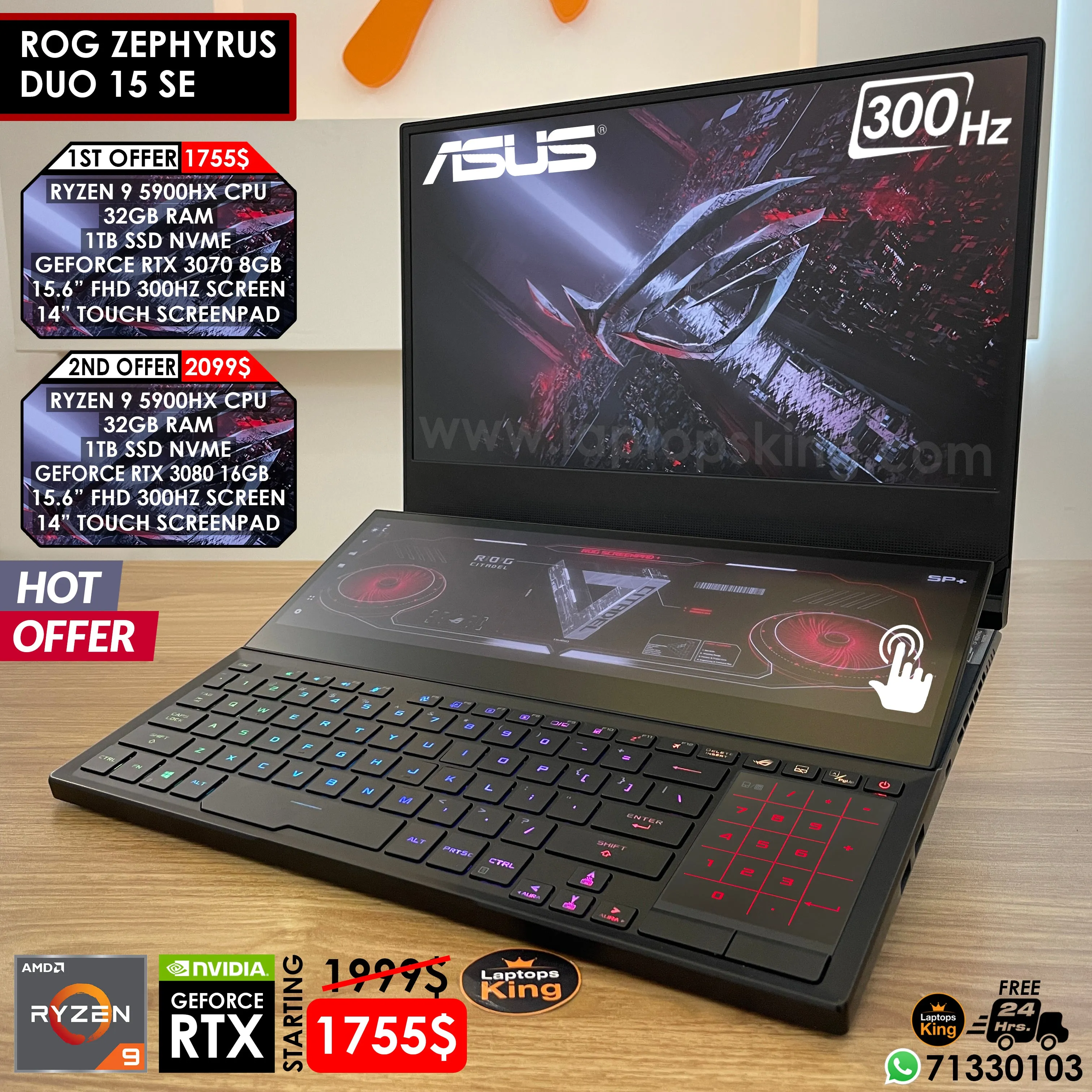 Asus Rog Zephyrus Duo 15 SE Ryzen 9 5900hx 300hz Rtx Dual-Screen Laptops (New OB)