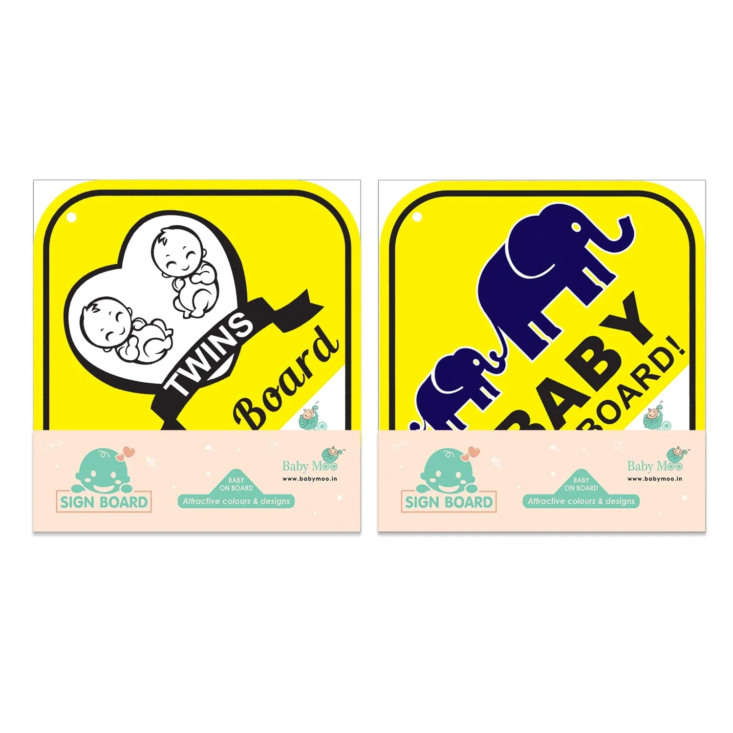 Baby Moo Car Safety Sign Twin Baby On Board With Suction Cup Clip 2 Pack - Yellow