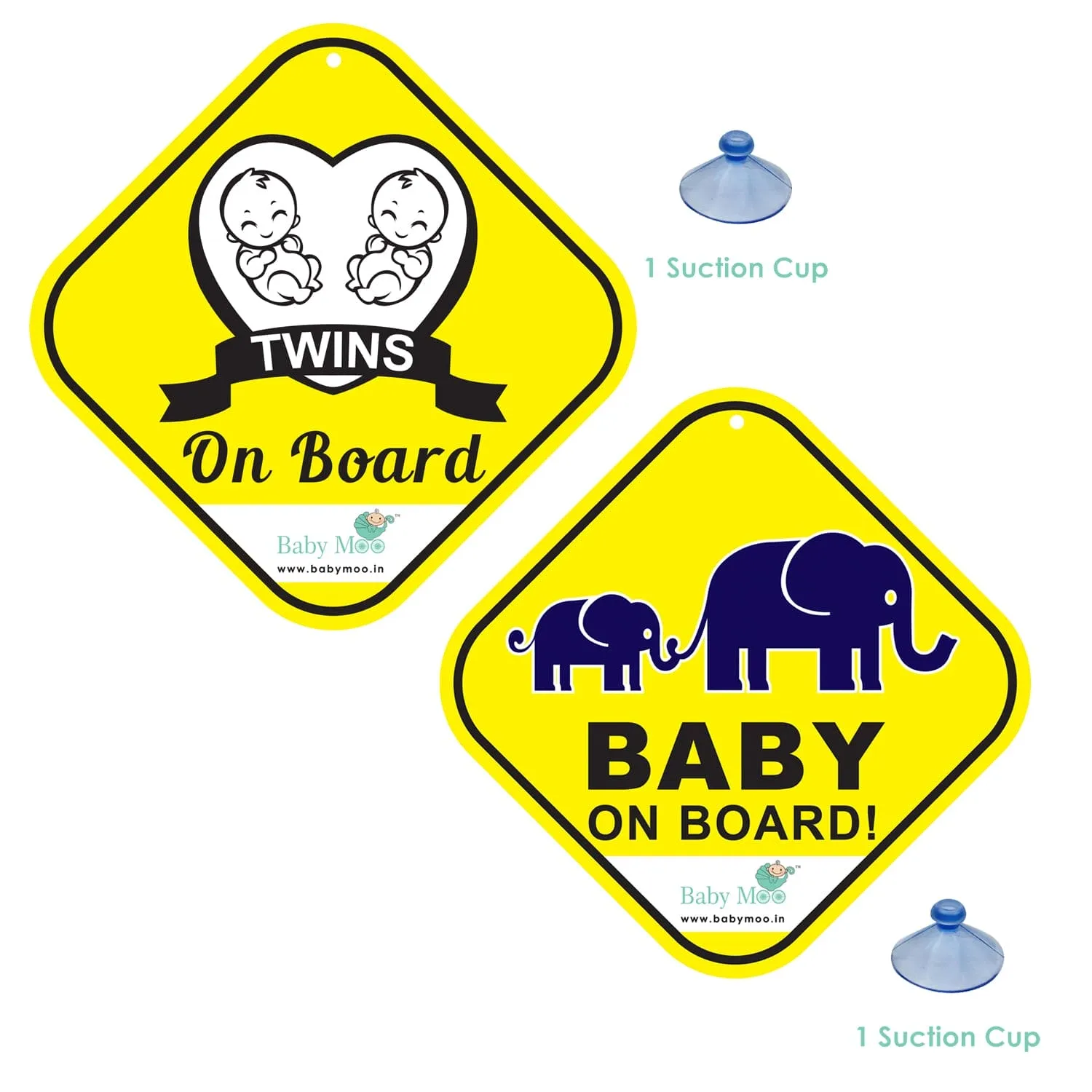 Baby Moo Car Safety Sign Twin Baby On Board With Suction Cup Clip 2 Pack - Yellow