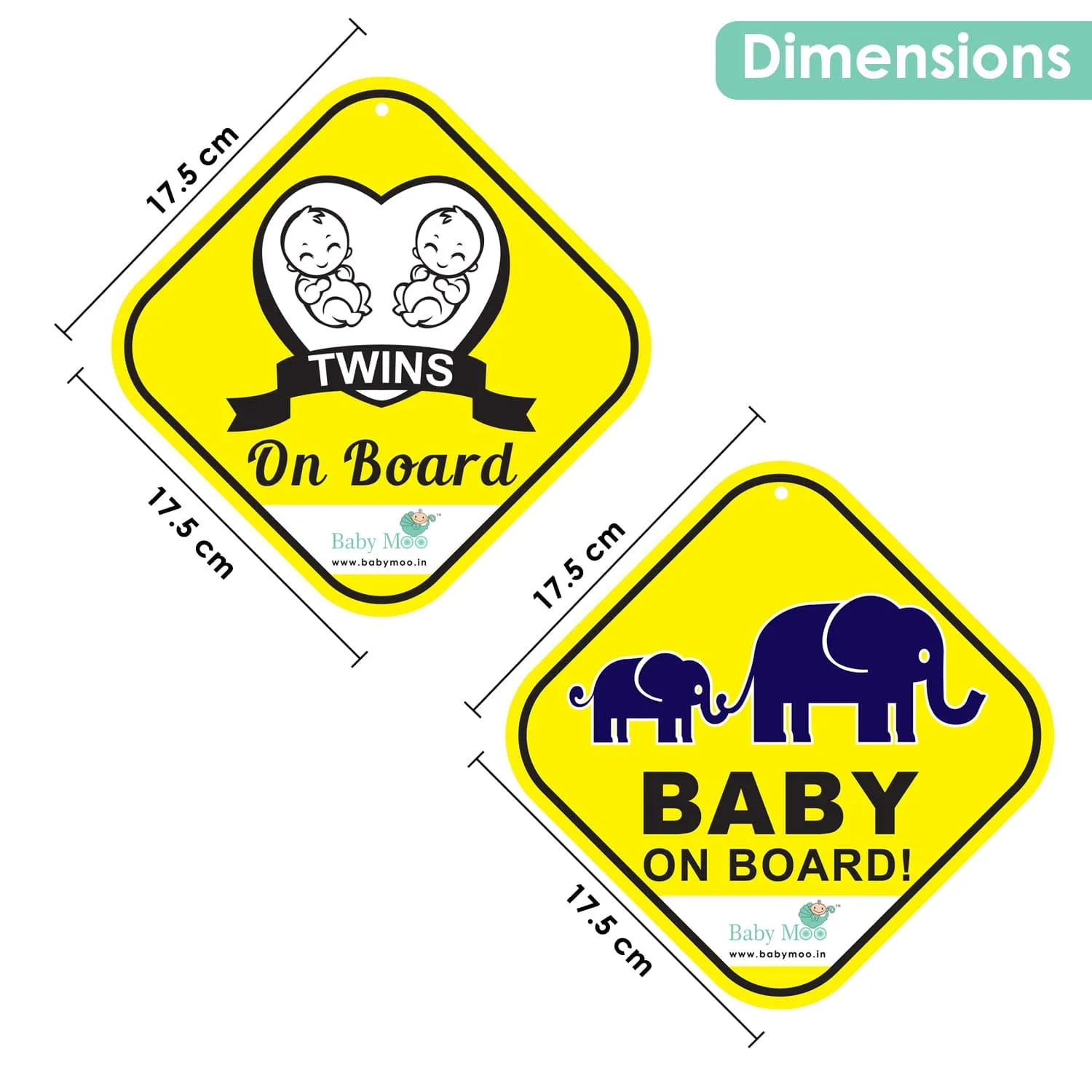 Baby Moo Car Safety Sign Twin Baby On Board With Suction Cup Clip 2 Pack - Yellow