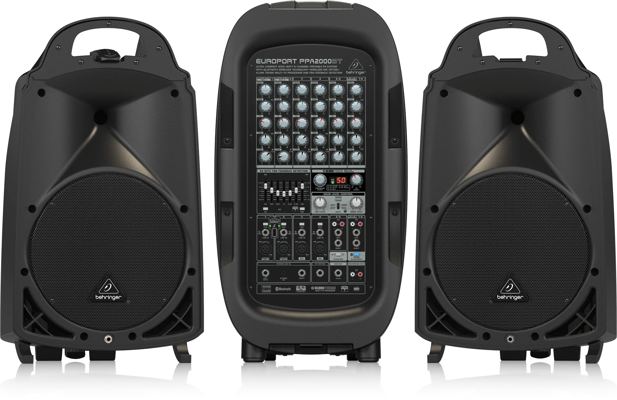 Behringer Europort PPA2000BT Ultra-Compact Powered Speakers 2000W 8-Channel Portable PA System with Bluetooth Wireless Technology, Wireless Microphone Option, Klark Teknik Multi-FX Processor and FBQ Feedback Detection