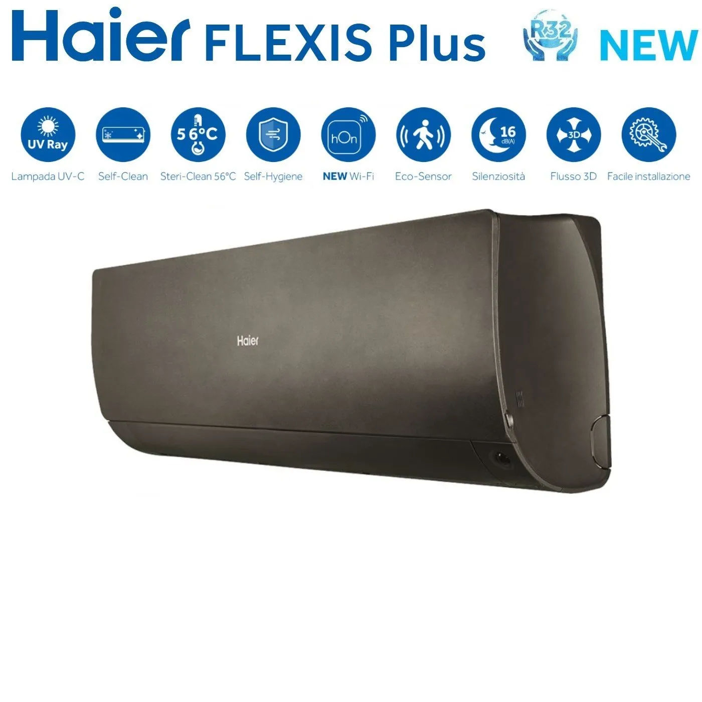 Climatizzatore Condizionatore Haier Quadri Split Inverter serie FLEXIS PLUS BLACK 7 7 7 18 con 4U75S2SR3FA R-32 Wi-Fi Integrato Colore Nero 7000 7000 7000 18000