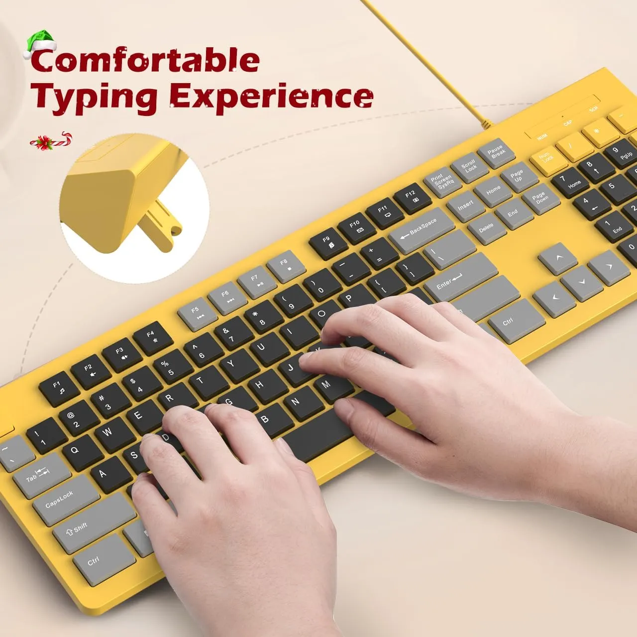 Computer Keyboard Wired, Plug Play USB Keyboard, Low Profile Chiclet Keys, Large Number Pad, Caps Indicators, Foldable Stands, Spill-Resistant, Anti-Wear Letters, Full Size, Yellow