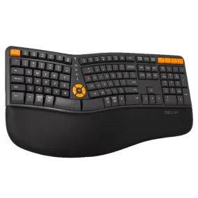 Delux GM905DB Wireless Bluetooth Ergonomic Split Membrane Keyboard 2.4G with Palm Rest, No Backlit, 10 Outstanding Yellow Keys, 112 Keys   5 Vol, Screen Light Keys for Windows, Mac, Android