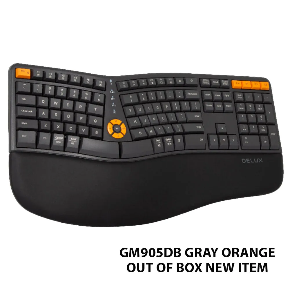 Delux GM905DB Wireless Bluetooth Ergonomic Split Membrane Keyboard 2.4G with Palm Rest, No Backlit, 10 Outstanding Yellow Keys, 112 Keys   5 Vol, Screen Light Keys for Windows, Mac, Android