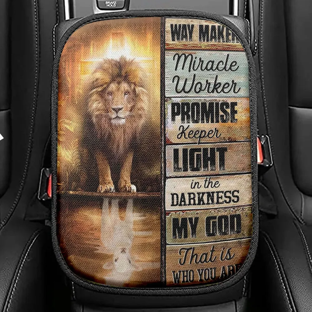 Jesus Way Maker Lion Of Judah Seat Box Cover, Bible Verse Car Center Console Cover, Scripture Interior Car Accessories