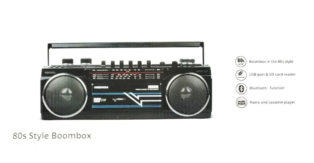 Medion 80s Style Boombox Cassette Bluetooth Player/AM/FM Radio/USB/SD Card/Black