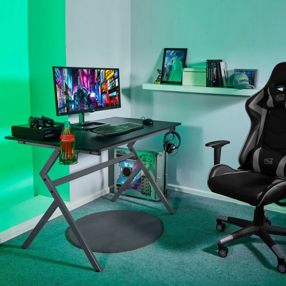 Neo Grey Ergonomic Computer Gaming Office Desk with Headphone Hook