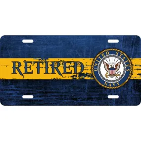 Retired with United States Navy Crest Full Color Metal License Plate