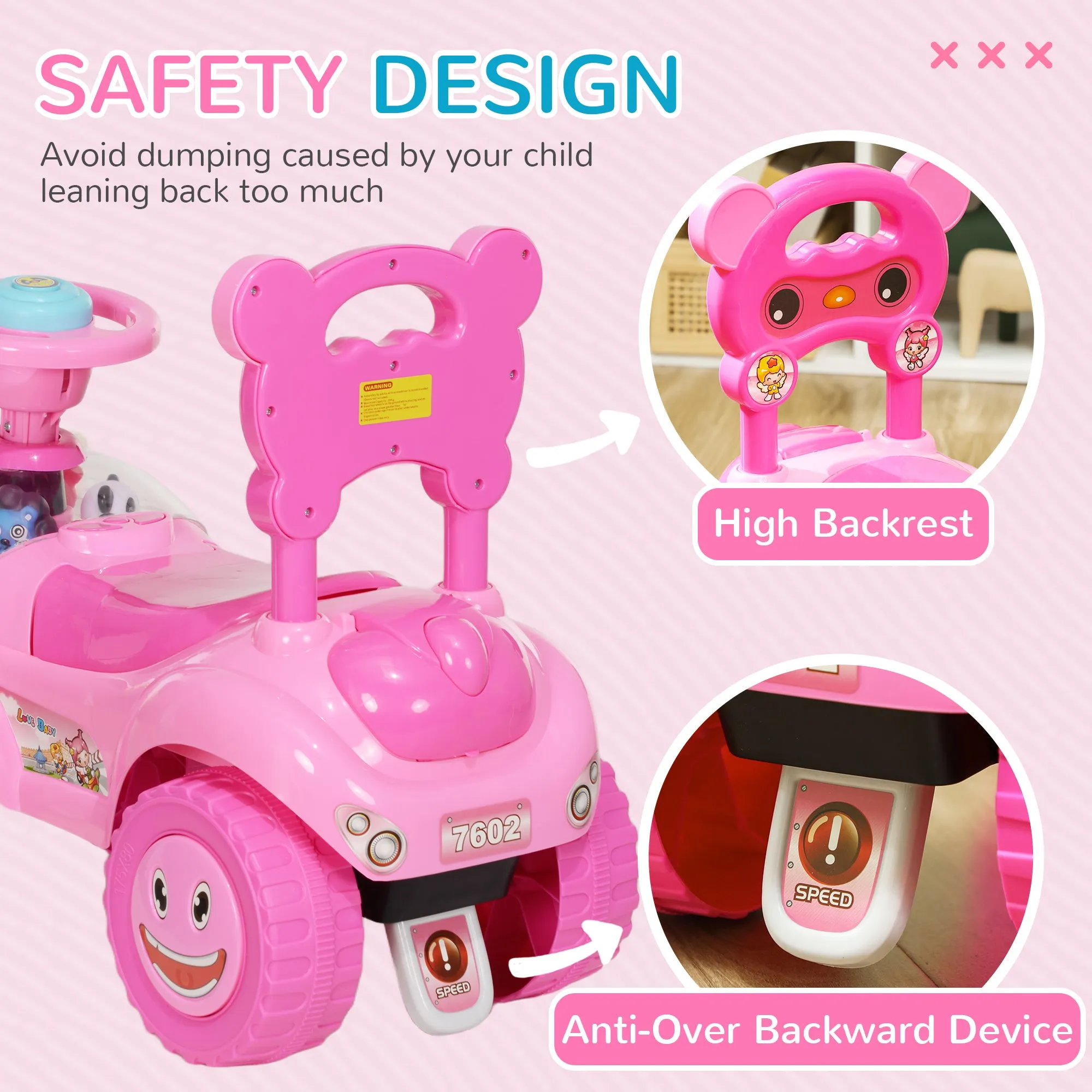 Ride on Toy, Foot to Floor Design with Music, Light, Horn, Pink