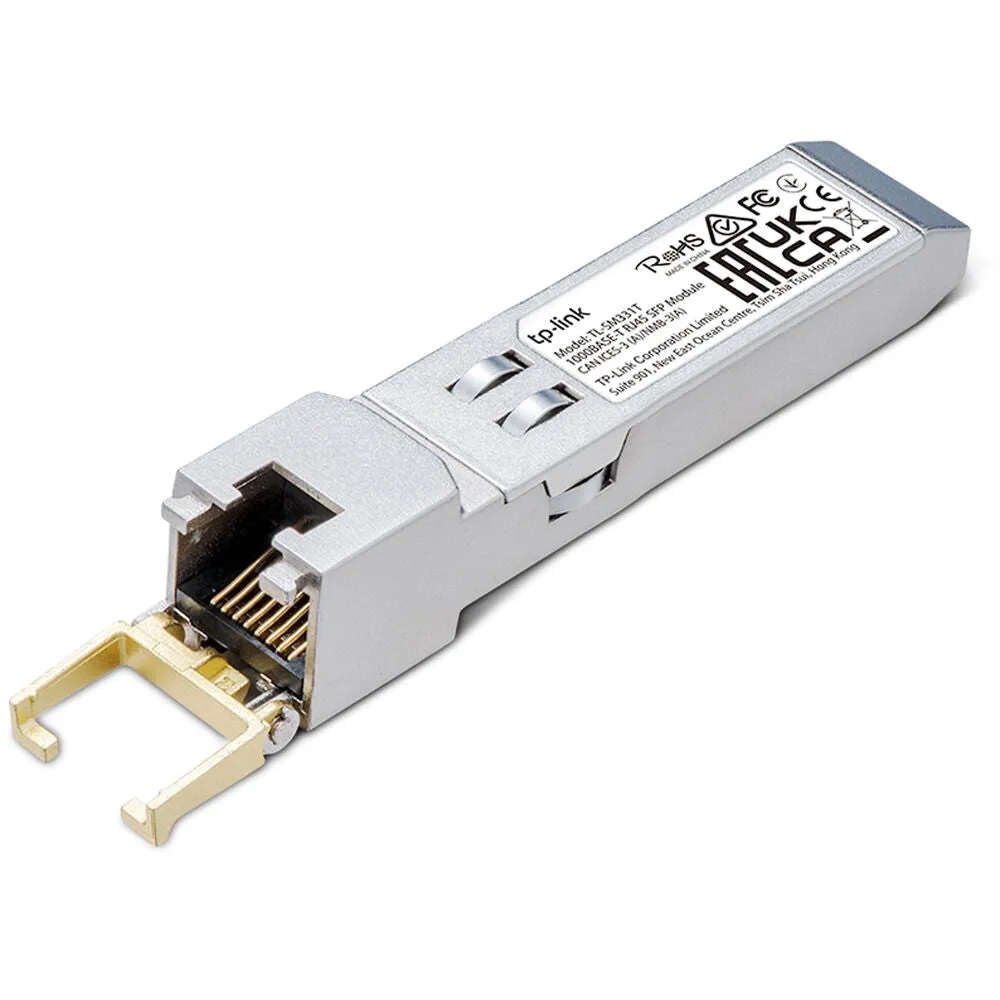 TP-Link TL-SM331T 1000BASE-T RJ45 SFP Module For 100m Over UTP Cat 5e or Above Cable, Support 1000BASE-T Operation in Host Systems, TX Disbale Function, Up to 1.25 Gb/s Throughput, Hot-Pluggable SFP Footprint Features