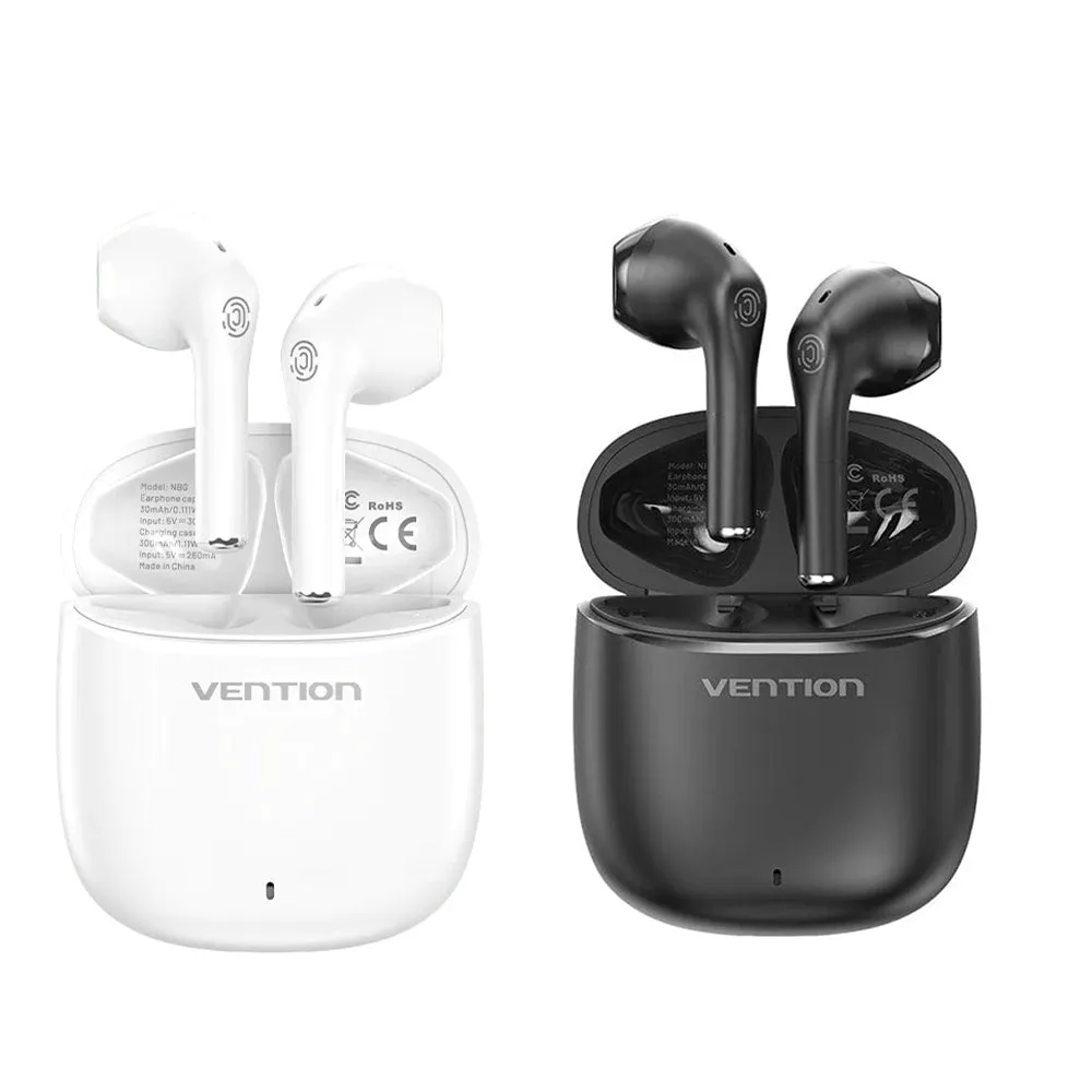 Vention ELF E02 TWS True Wireless Bluetooth 5.3 Earbuds Earphones with Touch Controls, USB-C Charging Cable, AAC/SBC Stereo, Mic Hi-Fi In-Ear Mini Headset, IPX4 Rating, Sweat & Weather Resistant (Black, White) NBGB0 NBGW0