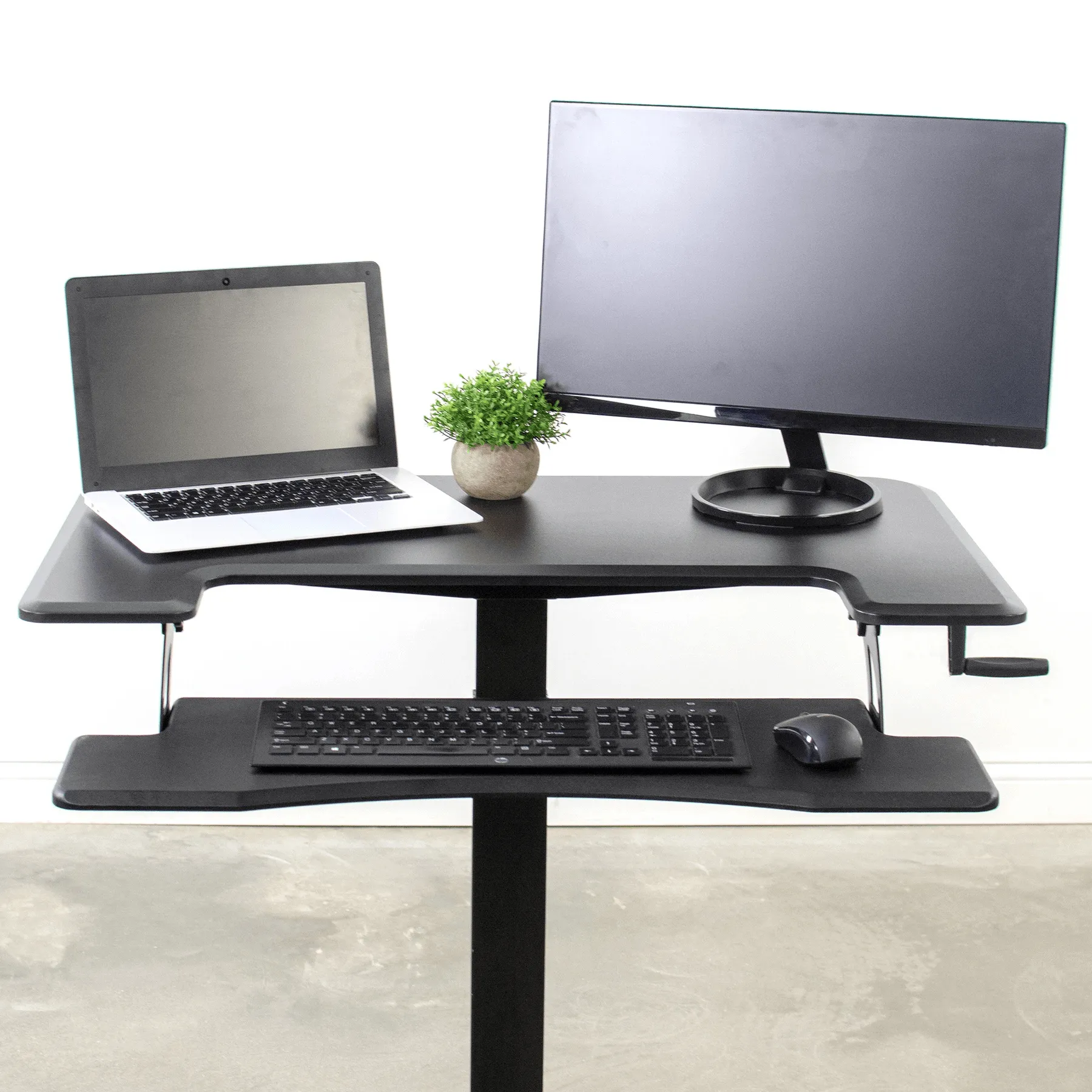 VIVO Black Manual Crank Height-Adjustable Dual Platform Standing Desk with Base, DESK-V111VM