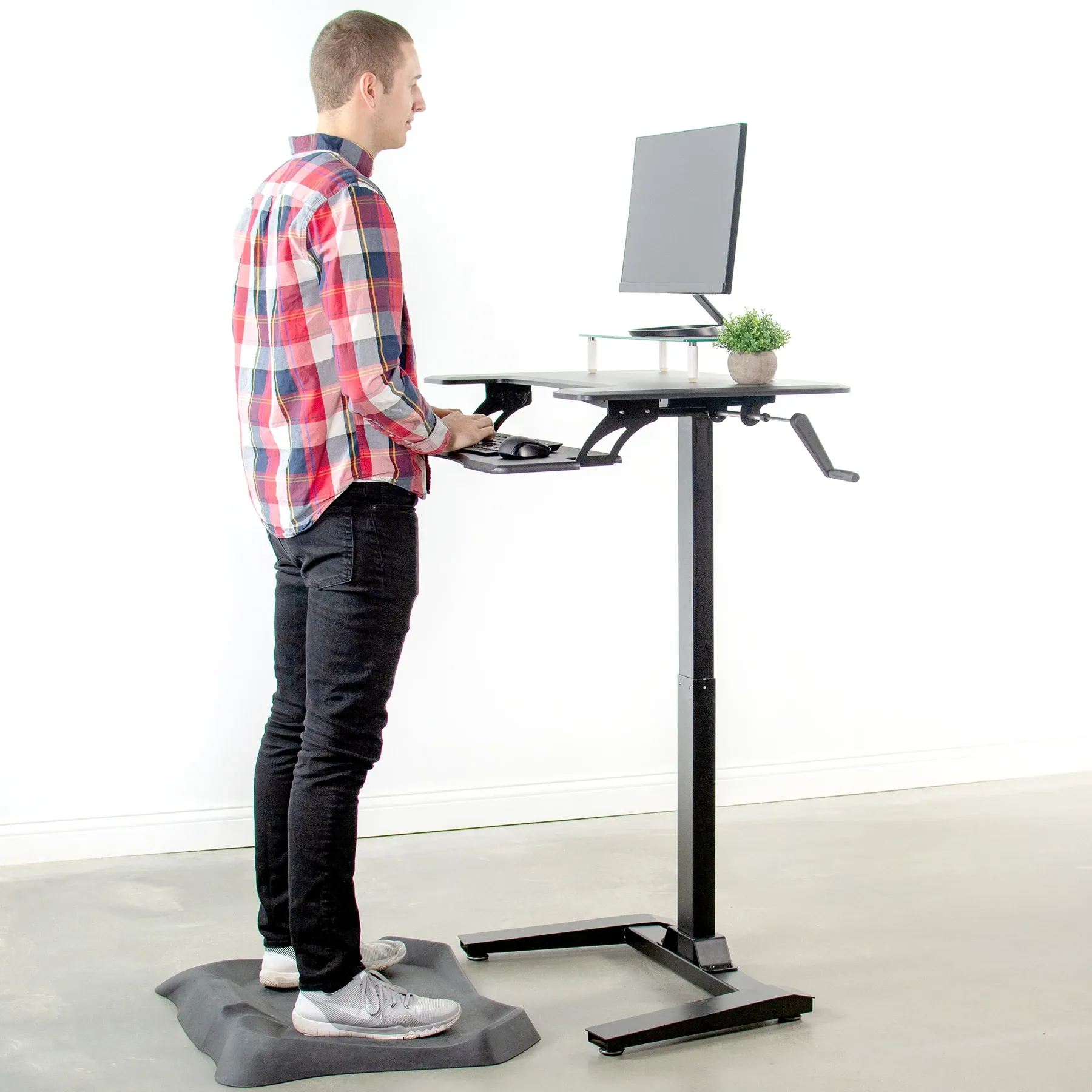 VIVO Black Manual Crank Height-Adjustable Dual Platform Standing Desk with Base, DESK-V111VM