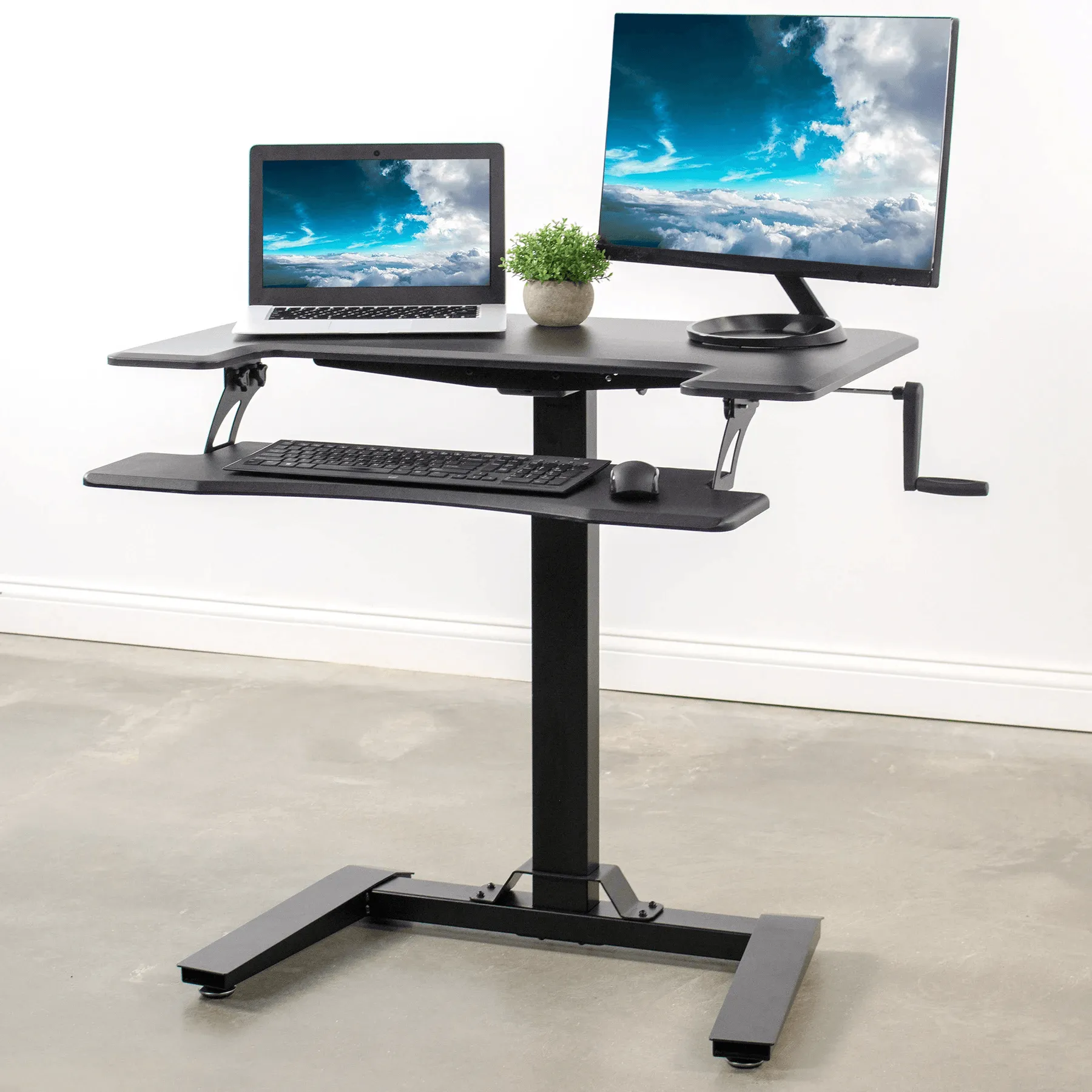 VIVO Black Manual Crank Height-Adjustable Dual Platform Standing Desk with Base, DESK-V111VM