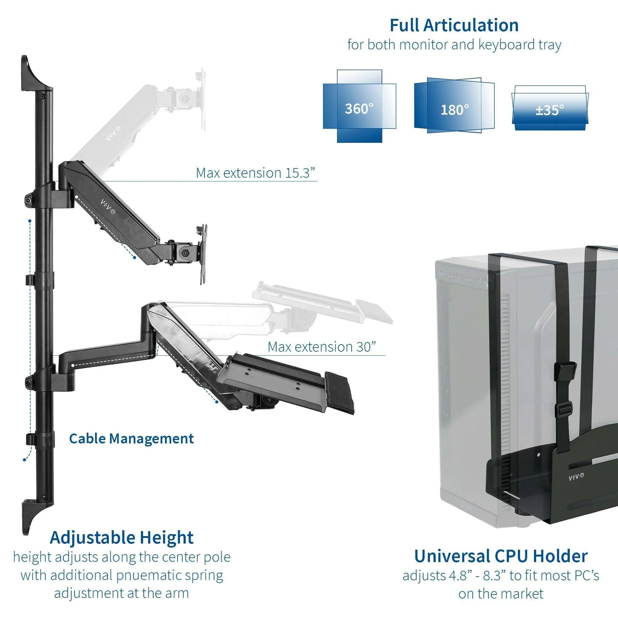 VIVO Sit-to-Stand Single Monitor Wall Mount Workstation, STAND-SIT1BW