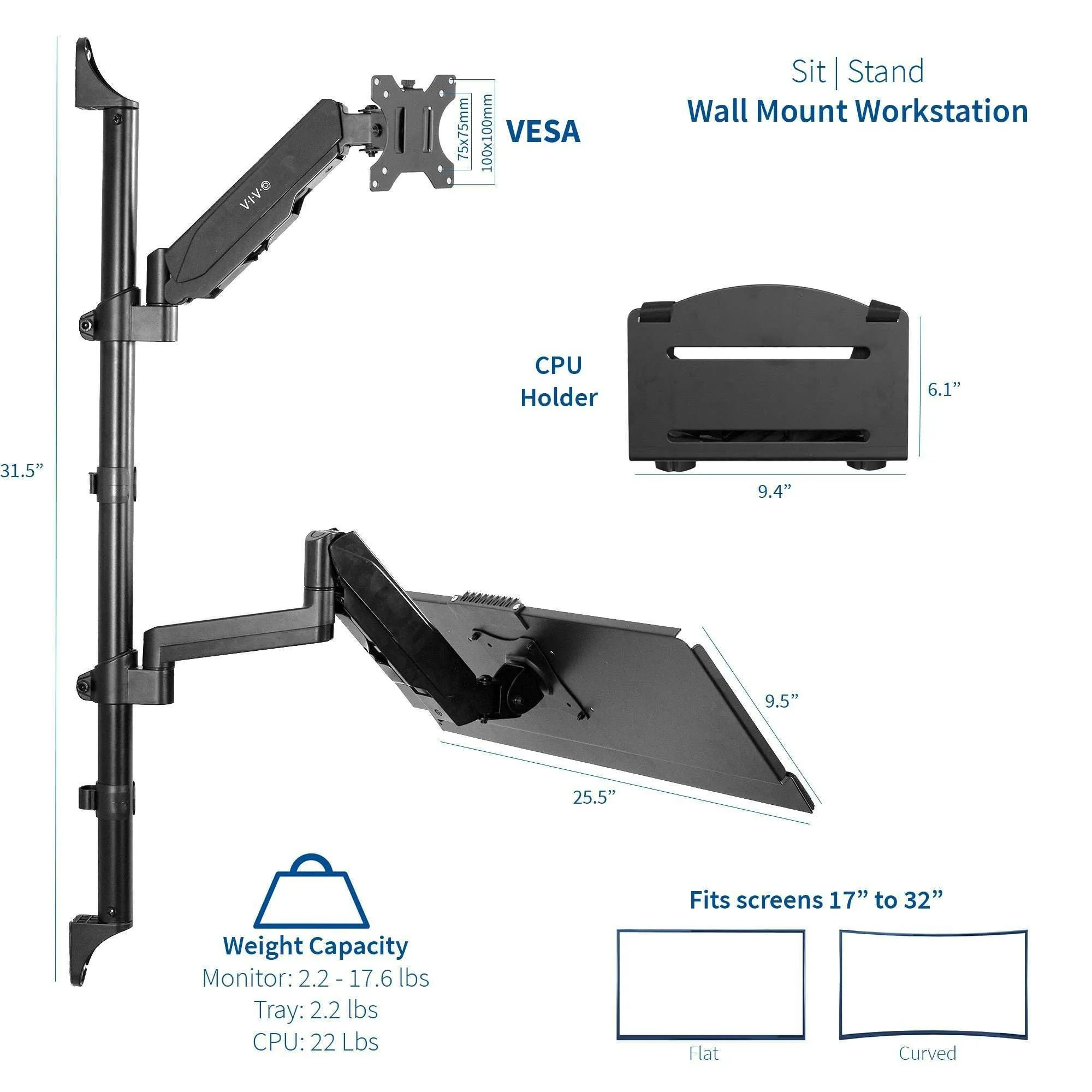 VIVO Sit-to-Stand Single Monitor Wall Mount Workstation, STAND-SIT1BW