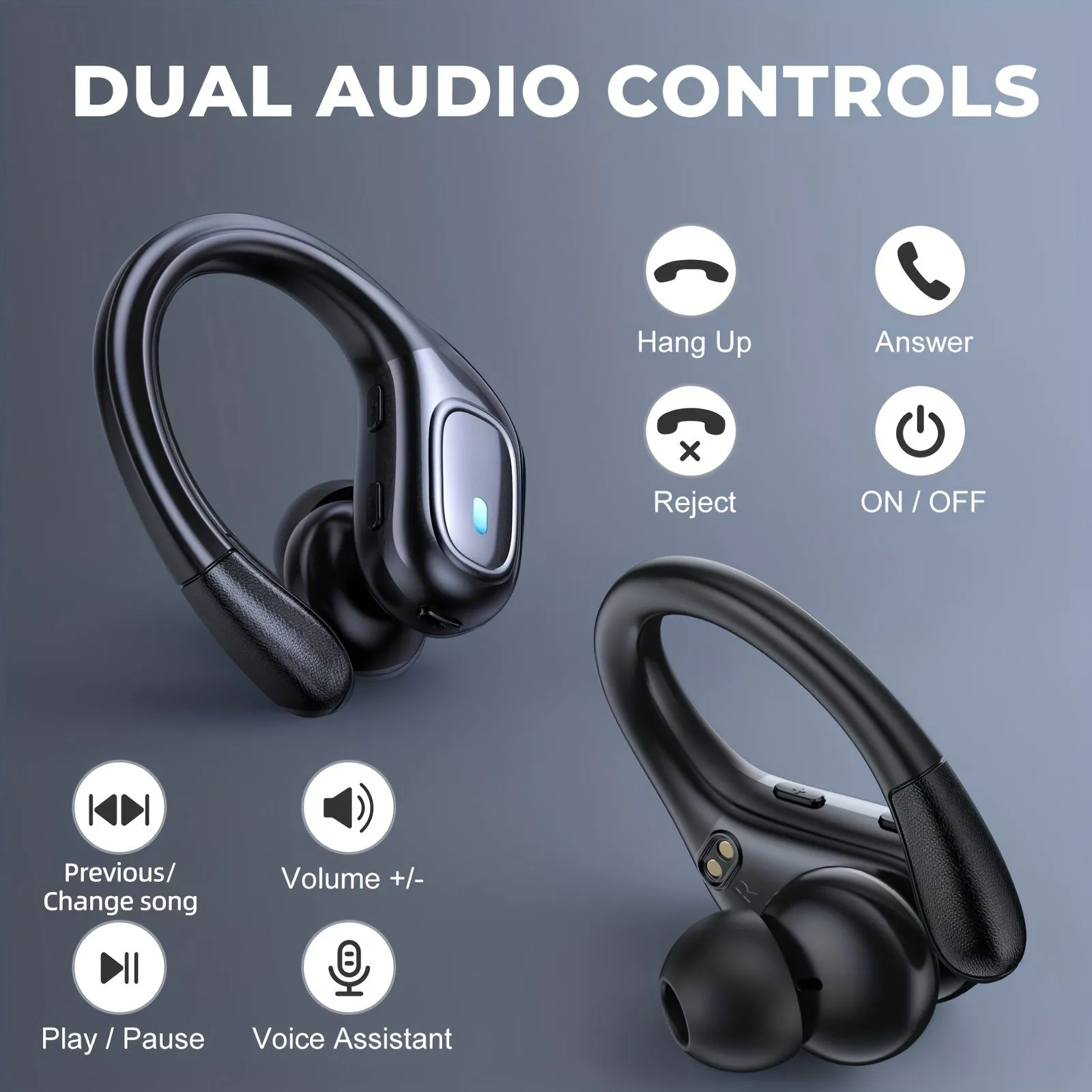 Wireless Earphones, Wireless Earbuds for Running Sports, 75Hrs Playback HD Stereo Audio LED Display, Over-Ear Headphones Earphones with Earhooks, Noise Cancelling Headset Built-in Mic